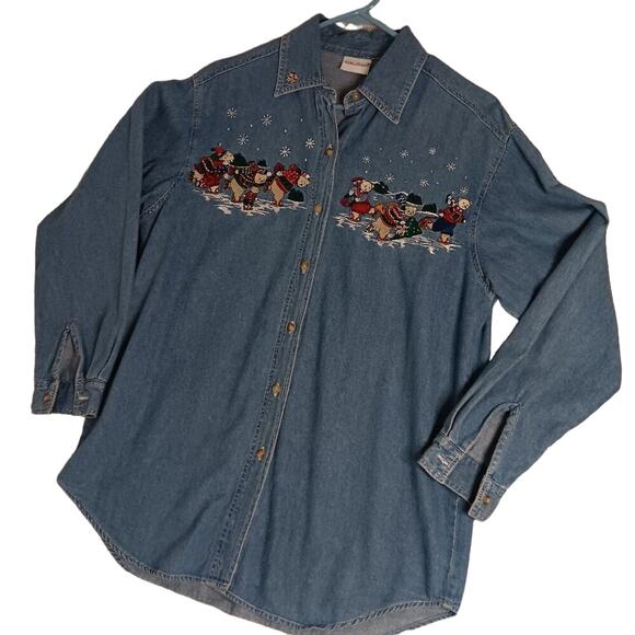 Bobbie Brooks Vintage Denim Shirt Womens Size M Blue X-Mas Bears Embroidered - Picture 3 of 15
